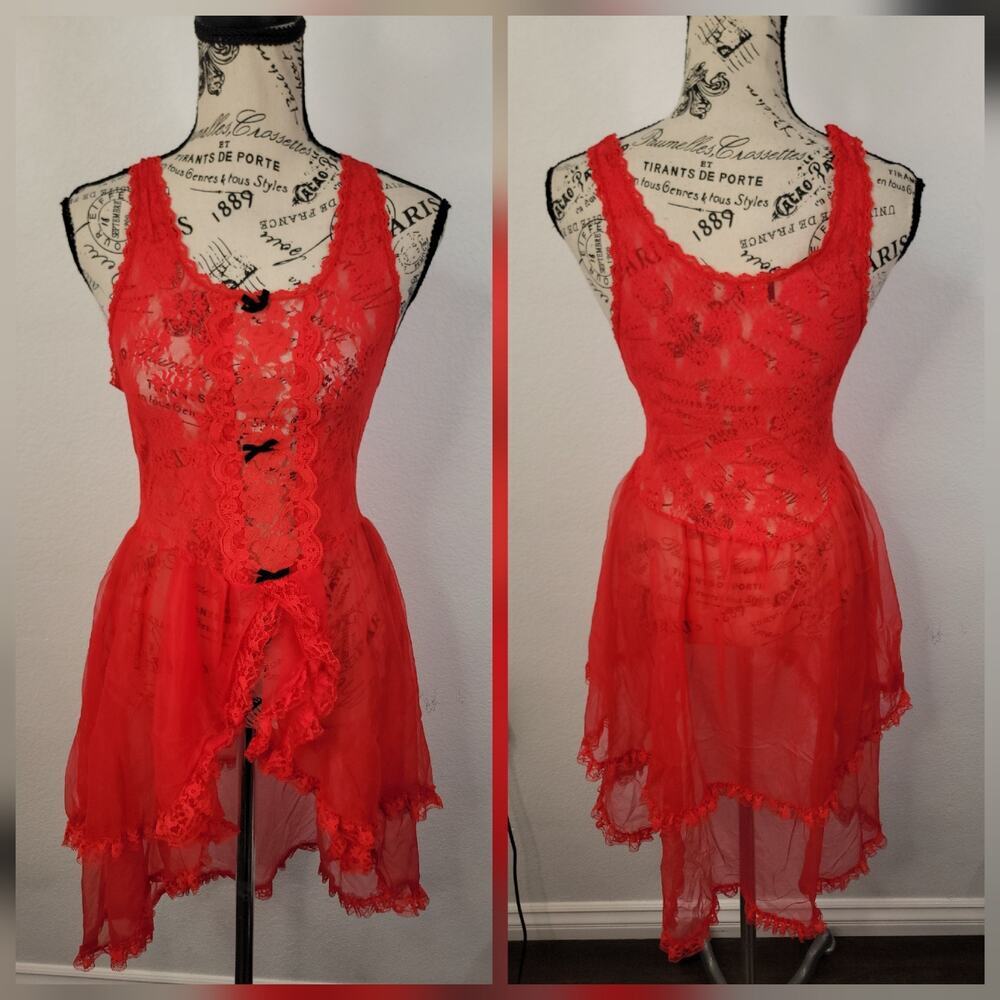 Vtg Stroke of Midnight Red Chemise L Sheer Lace Lingerie Coquette Babydoll USA
